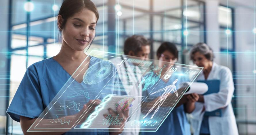 Doctor, woman and tablet in hospital with holographic ux for telehealth, medical innovation and dna study. Medic, mobile touchscreen for typing on app for data analysis, 3d hologram ui and research